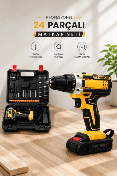 Metal Dişli 24W Akülü Matkap -Çift Bataryalı ve LED Çalışma Işığı ile Tam Set ürün görseli 1