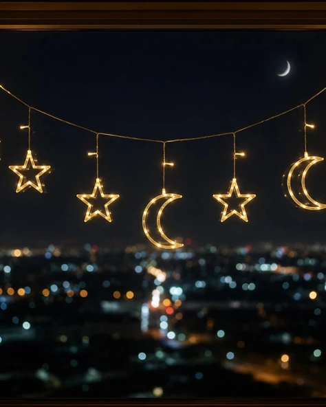 Büyük Ay Yıldız LED Ramazan Süsü Sıcak Beyaz Dekoratif Işık ürün görseli 1