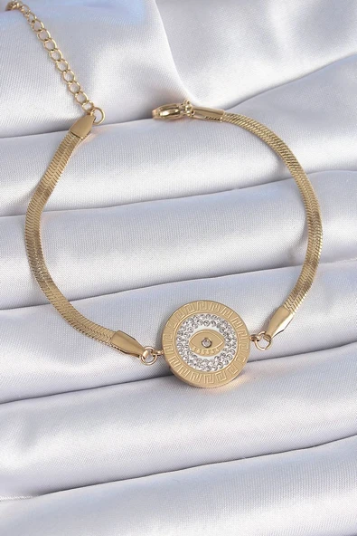 316L Çelik Gold Renk İtalyan Zincir Zirkon Taşlı Göz İşlemeli Madalyon Model Kadın Bileklik - TJ-BB6445 ürün görseli 1
