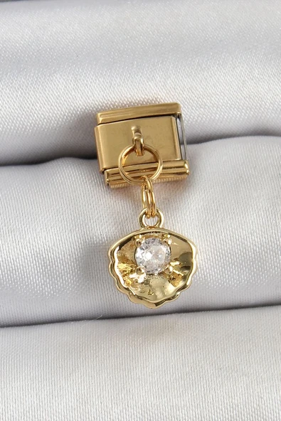 316L Çelik Sallantılı Zirkon Taşlı İstiridye Model Gold Renk Nomination Charm - TJ-BC1426 ürün görseli 1