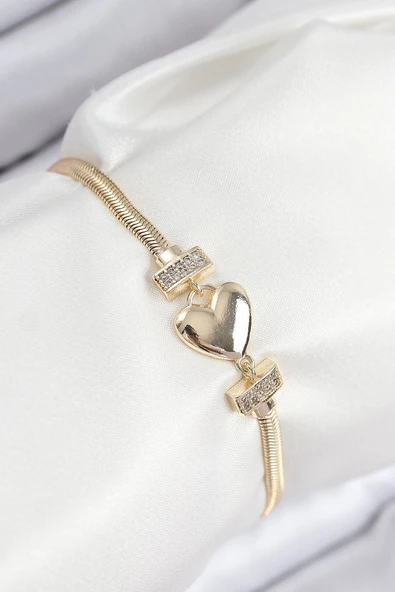 Pirinç Zirkon Taşlı Kalp Model Gold Renk Kadın Bileklik - TJ-BB7901 TG-1395 345913 ürün görseli 1