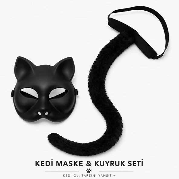 Siyah Kedi Maskesi Ve Peluş Kuyruk Kostüm Seti 70 Cm ürün görseli 1