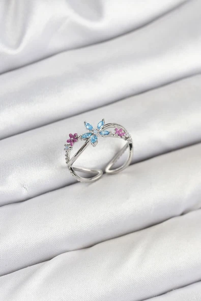 Pirinç Gümüş Renk Zirkon Taşlı Mavi Çiçekli Kadın Yüzük - TJ-BYK3835 TG-1395 346035 ürün görseli 1