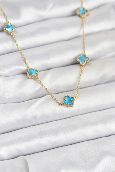 316L Çelik Zincir Gold Renk Buz Mavisi Baby Boy Yonca Kadın Kolye - TJ-BKO10571 TG-1395 345955 ürün görseli 1