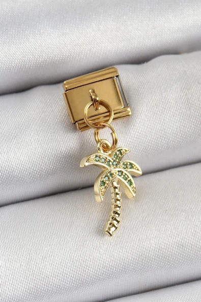 316L Çelik Sallantılı Zirkon Taşlı Palmiye Ağacı Model Gold Renk Nomination Charm - TJ-BC1398 ürün görseli 1