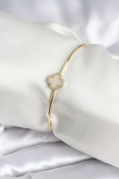 Beyaz Sedefli Yonca Model Gold Renk Kadın Bileklik - TJ-BB8005 TG-1395 346145 ürün görseli 1