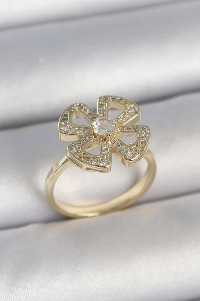 Pirinç Gold Renk Zirkon Taşlı Yonca Model Ayarlanabilir Kadın Yüzük - TJ-BYK3719 ürün görseli 1