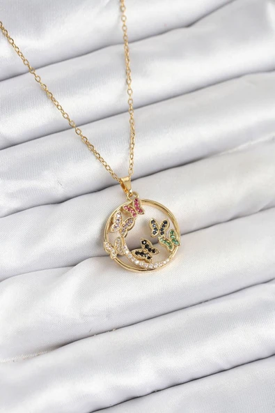 316L Çelik Zincir Gold Renk Zirkon Taşlı Kelebekli Kadın Kolye - TJ-BKO10609 TG-1395 346256 ürün görseli 1