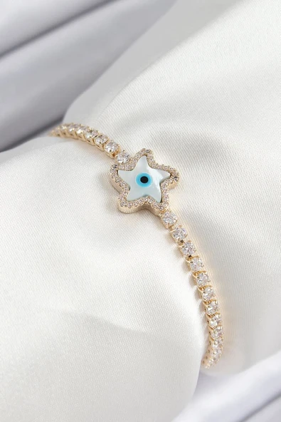 Pirinç Zirkon Taşlı Nazar Yıldız Model Gold Renk Asansörlü Kadın Bileklik - TJ-BB7470 ürün görseli 1