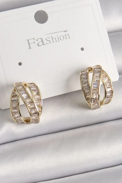 Pirinç Gold Renk Zirkon Taşlı Düğüm Halka Model Kadın Küpe - TJ-BKP9943 ürün görseli 1