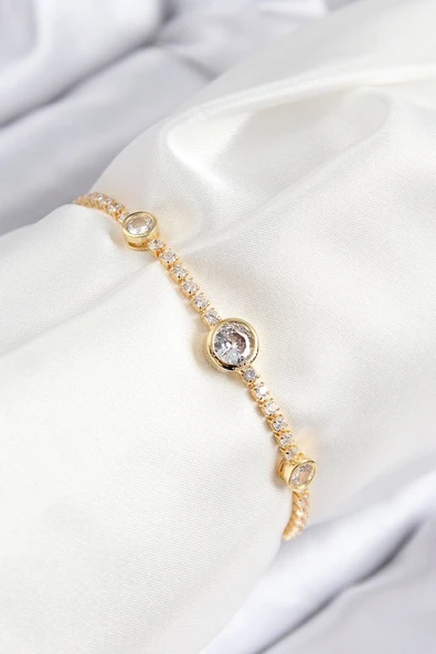 Pirinç Zirkon Taşlı Daire Model Gold Renk Asansörlü Kadın Bileklik - TJ-BB7733 ürün görseli 1