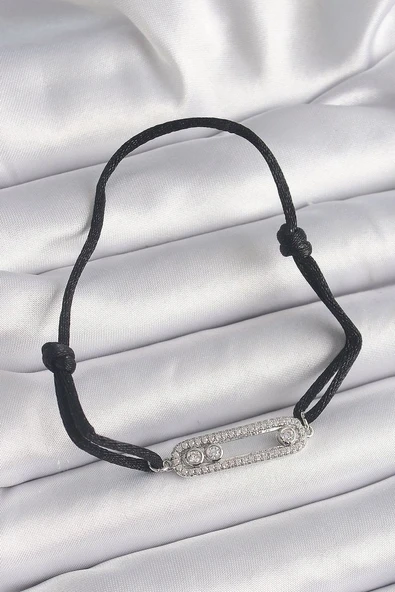 Siyah Renk İpli Asansör Zirkon Taşlı Gümüş Messika Model Kadın Bileklik - TJ-BB6580 ürün görseli 1