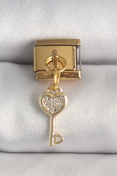 316L Çelik Gold Renk Sallantı Zirkon Taşlı Kalpli Anahtar Model Nomination Charm - TJ-BC1371 ürün görseli 1