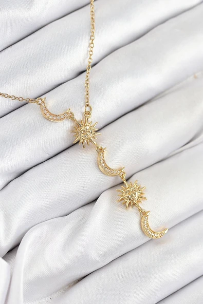 316L Çelik Zirkon Taşlı Güneş Ve Ay Model Gold Renk Kadın Kolye - TJ-BKO10548 TG-1395 345919 ürün görseli 1