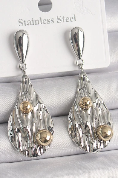 Pirinç Gümüş Renk Sallantı Damla Model Gold Topçuk Detay Kadın Küpe - TJ-BKP10088 ürün görseli 1