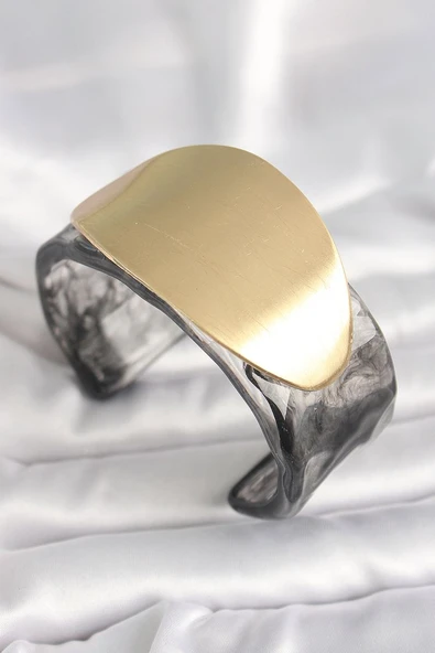 Siyah Mermer Desen Akrilik Plastik Gold Oval Plaka Model Vintage Kadın Bilezik - TJ-BB6683 ürün görseli 1