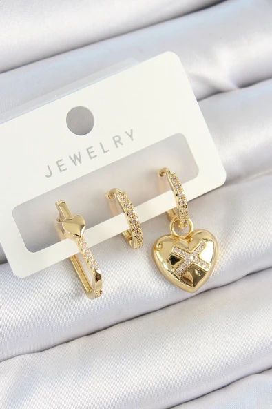 Pirinç Zirkon Taşlı Kalp Model Gold Renk 3'lü Çift Kadın Küpe Set - TJ-BKP10822 ürün görseli 1