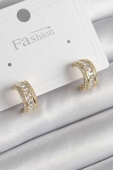Pirinç Gold Renk Zirkon Taşlı Halka Model Kadın Küpe - TJ-BKP9987 ürün görseli 1