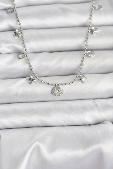 Pirinç Gümüş Renk Zirkon Taşlı Deniz Kabuğu Model Kadın Kolye - TJ-BKO10656 TG-1395 346311 ürün görseli 1