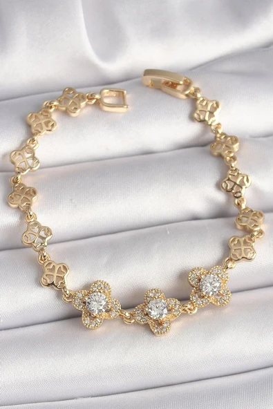 Pirinç Gold Renk Zirkon Taşlı Yonca Model Kadın Bileklik - TJ-BB6812 ürün görseli 1