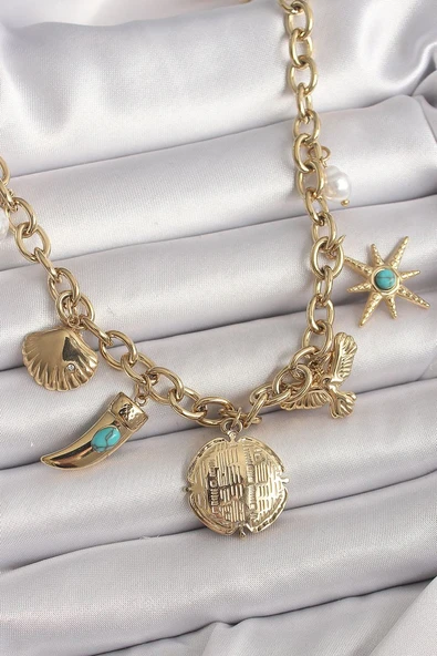 316L Çelik Gold Renk Zincir Sallantılı Çoklu Figür Model Kadın Kolye - TJ-BKO9849 ürün görseli 1