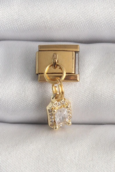 316L Çelik Gold Renk Sallantı Zirkon Taşlı Kare Model Nomination Charm - TJ-BC1348 ürün görseli 1