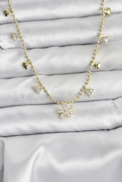 Pirinç Gold Renk Zirkon Taşlı Çiçek Model Kadın Kolye - TJ-BKO10642 TG-1395 346297 ürün görseli 1