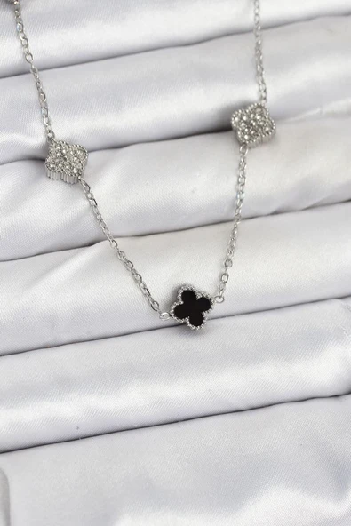 316L Çelik Zincir Gümüş Renk Siyah ve Zirkon Taşlı Baby Boy Yonca Kadın Kolye - TJ-BKO10591 TG-1395 345975 ürün görseli 1