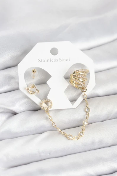 Uzay Model Pirinç Gold Renk Zincir Bağlantılı Ear Cuff Küpe Seti - TJ-BKP11546 TG-1395 346808 ürün görseli 1
