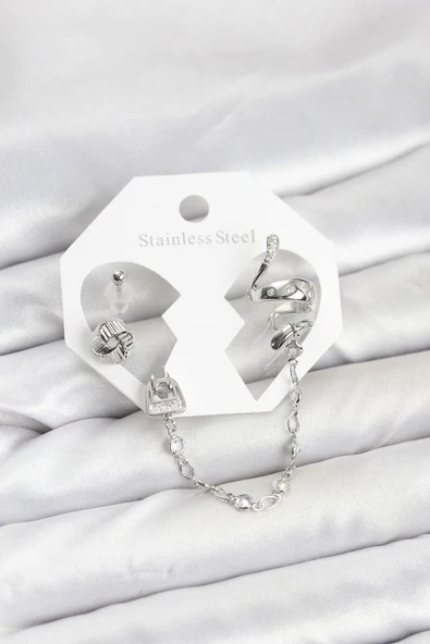 Pirinç Gümüş Renk Yılan Model Zincir Bağlantılı Ear Cuff Küpe Seti - TJ-BKP11533 TG-1395 346797 ürün görseli 1