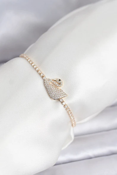 Kuğu Model Zirkon Taşlı Gold Renk Asansörlü Su Yolu Bileklik - TJ-BB8246 TG-1395 346955 ürün görseli 1