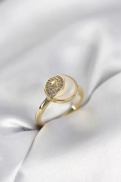 Ay Yıldız Model Gold Renk Zirkon Taşlı Kadın Yüzük ürün görseli 1