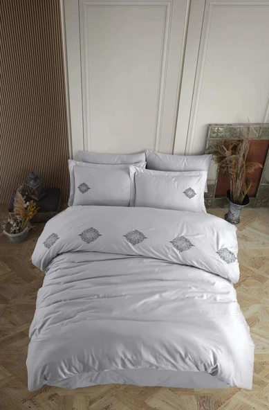 Çift Kişilik Poplin Premium Nakışlı Nev Azra Gri ürün görseli 1
