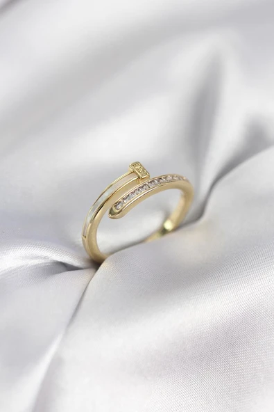 Zirkon Taşlı Gold Renk Yassı Çivi Model Kadın Yüzük ürün görseli 1
