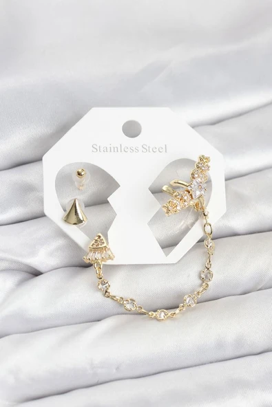 Pirinç Gold Renk Yıldızlı Model Zincir Bağlantılı Ear Cuff Küpe Seti - TJ-BKP11540 TG-1395 346803 ürün görseli 1