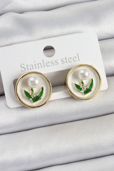 Pirinç Beyaz Mineli Lale Figürlü Sanatsal Portre Model Gold Renk Kadın Küpe - TJ-BKP10675 TG-1395 348817 ürün görseli 1