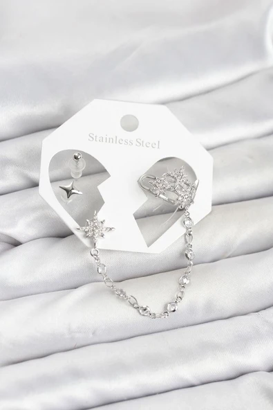 Kutup Yıldızı Model Pirinç Gümüş Renk Zincir Bağlantılı Ear Cuff Küpe Seti - TJ-BKP11551 TG-1395 346813 ürün görseli 1