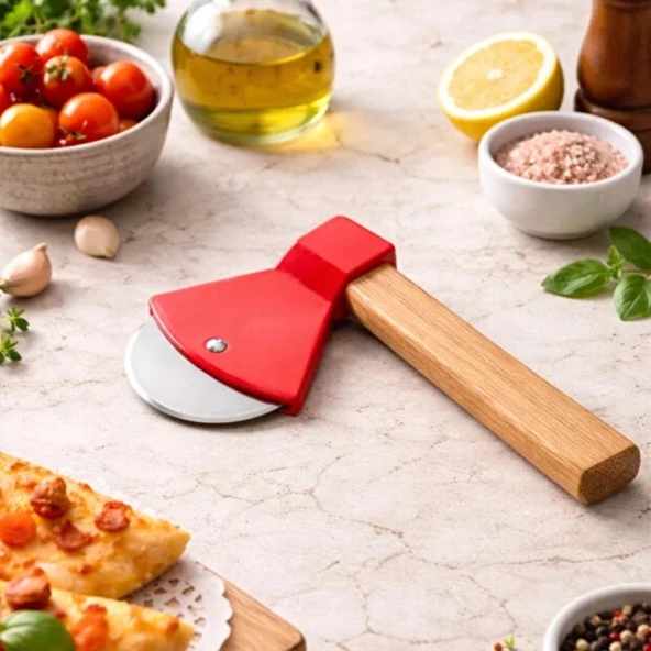 Pizza Kesici - Balta Tasarımlı - Ahşap Saplı - Paslanmaz Çelik Bıçaklı ürün görseli 1