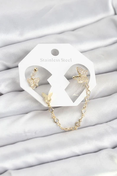 Kelebek Model Pirinç Gold Renk Zincir Bağlantılı Ear Cuff Küpe Seti - TJ-BKP11548 TG-1395 346810 ürün görseli 1