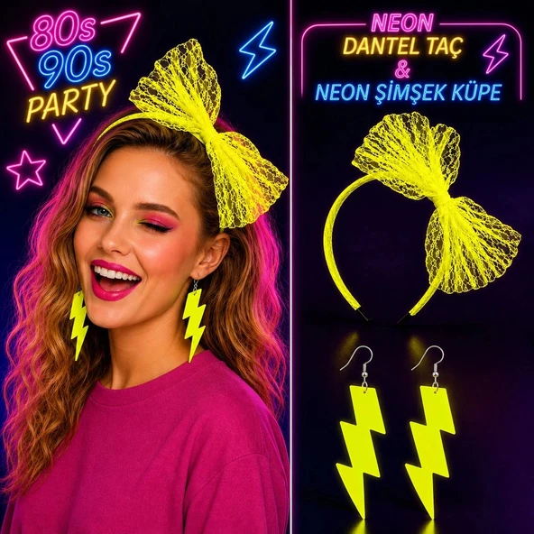 Neon Sarı Dantel Taç Ve Şimşek Küpe 8039ler 9039lar Parti Seti ürün görseli 1