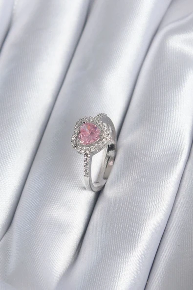 Pirinç Gümüş Renk Pembe Zirkon Taş Kalp Charm Model Kadın Yüzük ürün görseli 1