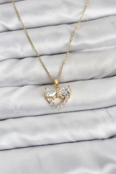 316L Çelik Zincir Gold Renk Kalp ve Fiyonk Model Zirkon Taşlı Kadın Kolye - TJ-BKO10848 TG-1395 347017 ürün görseli 1