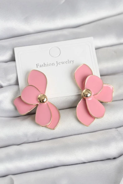 Pembe Mineli Lotus Model Pirinç Kadın Küpe ürün görseli 1