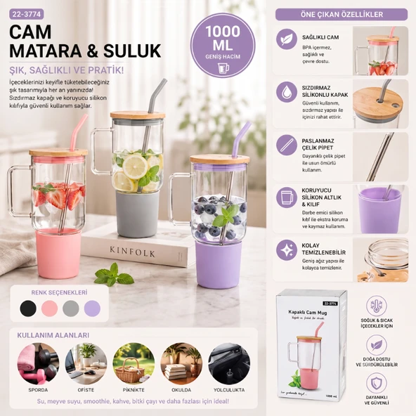 1000 ml Cam Matara Kupa Bardak - Bambu Kapaklı - Silikon Kılıflı - Çelik Pipetli ürün görseli 1