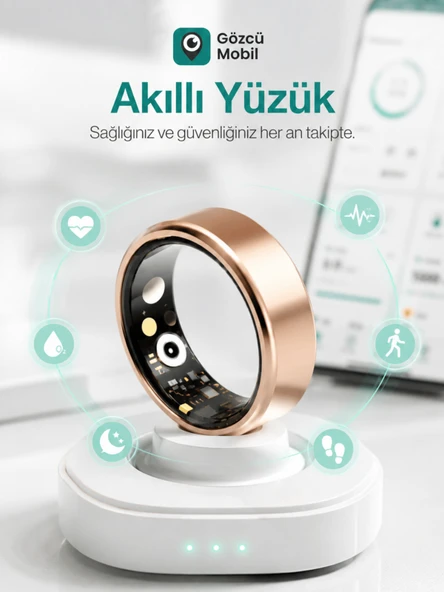 Gözcü Mobil Akıllı Yüzük Sağlık Egzersiz Takibi Adım Sayar Kalp Atışı Kan Basınç Oksijen Ölçer Su Takibi Adet Döngüsü Uyku Takibi Cihazı Suya Dayanıklı Altın Renk ürün görseli 1