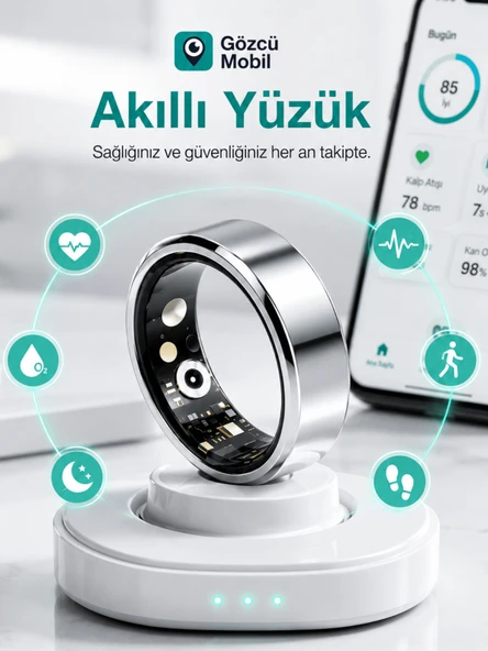 Gözcü Mobil Akıllı Yüzük Sağlık Egzersiz Takibi Adım Sayar Kalp Atışı Kan Basınç Oksijen Ölçer Su Takibi Adet Döngüsü Uyku Takibi Cihazı Suya Dayanıklı Gümüş Renk ürün görseli 1