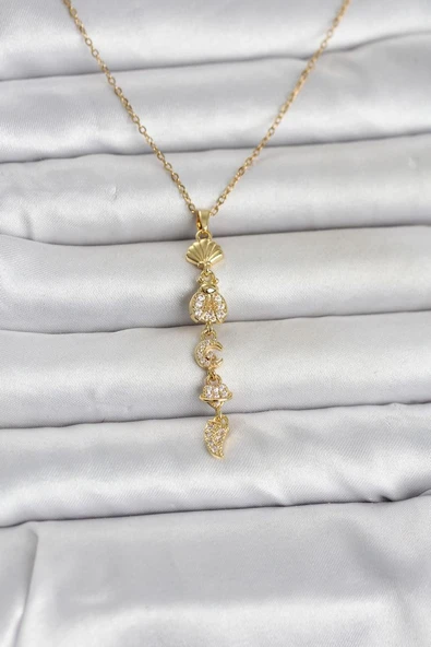316L Çelik Gold Renk Deniz Temalı Y Model Zirkon Taşlı Kadın Kolye - TJ-BKO11051 TG-1395 349941 ürün görseli 1