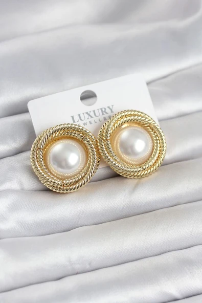 Pirinç Gold Renk Sarmal Model İncili Kadın Küpe ürün görseli 1