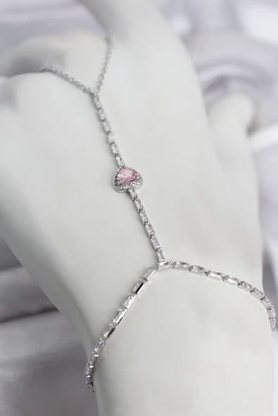 Gümüş Renk Pirinç Zirkon Taşlı Pembe Kalp Model Şahmeran ürün görseli 1