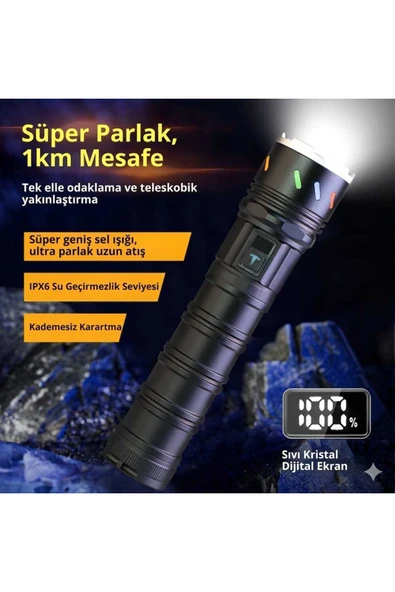 El Feneri Dış Mekan USB Şarjlı Güçlü Işık Teleskopik Alüminyum Alaşımlı Hasuba HS-200 ürün görseli 1
